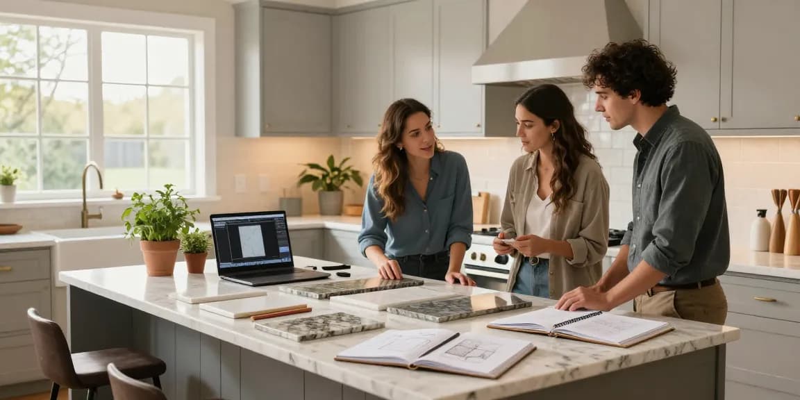 Custom kitchen countertops Hamilton showcased in bright designer meeting, enhancing home transformation.