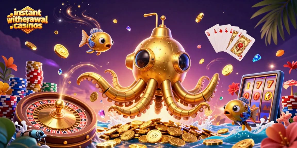 Experience instant withdrawal casinos with a vibrant animated kraken submarine amidst sparkling coins and gaming elements.