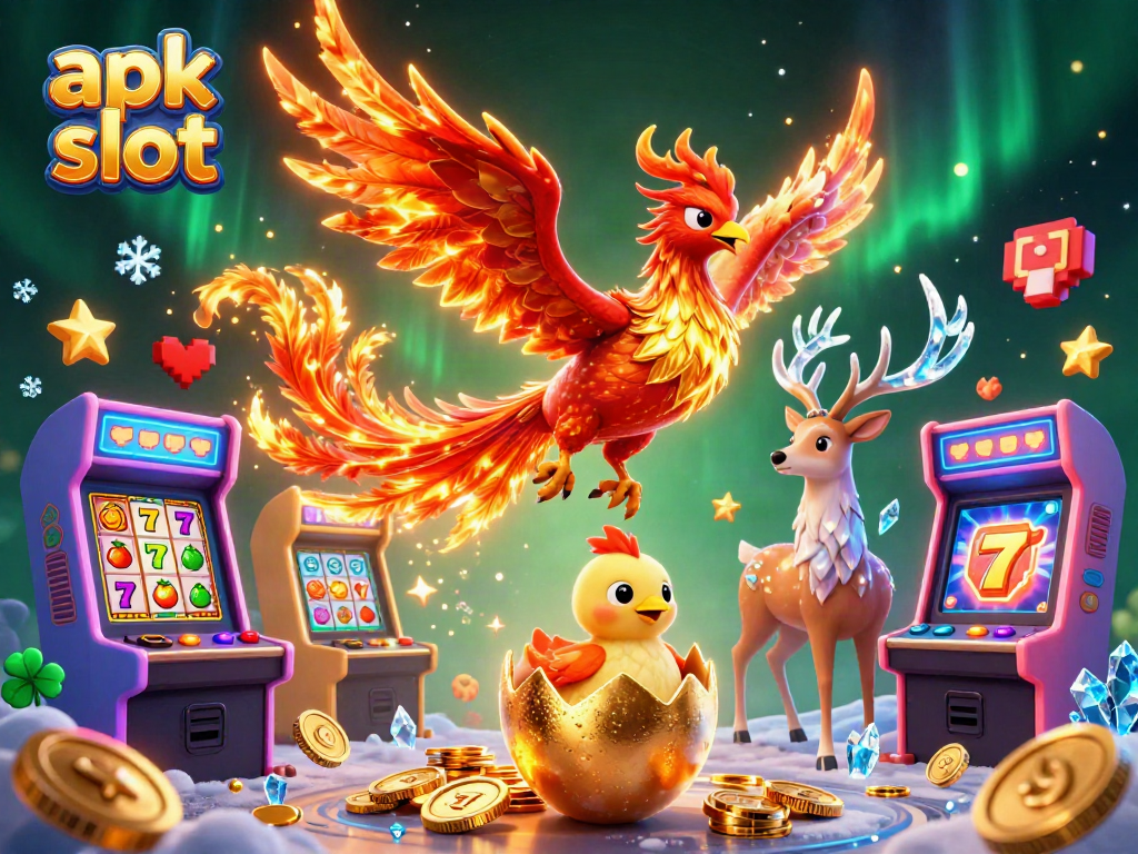 Experience the excitement of apk slot with a vibrant 3D casino scene featuring a phoenix, baby chick, and mystical stag.