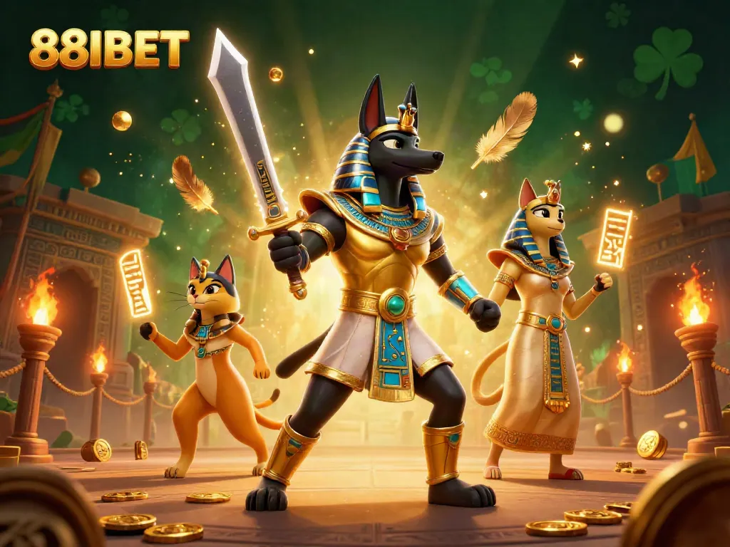 Bet on 88IBET with a detailed depiction of Anubis and Bastet in a vibrant casino environment.