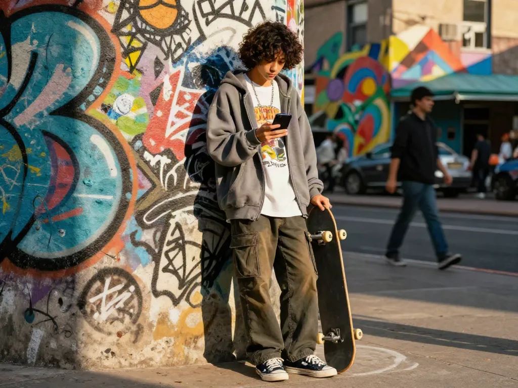 Stylish individual in rokok88 streetwear checking their phone in an urban setting.