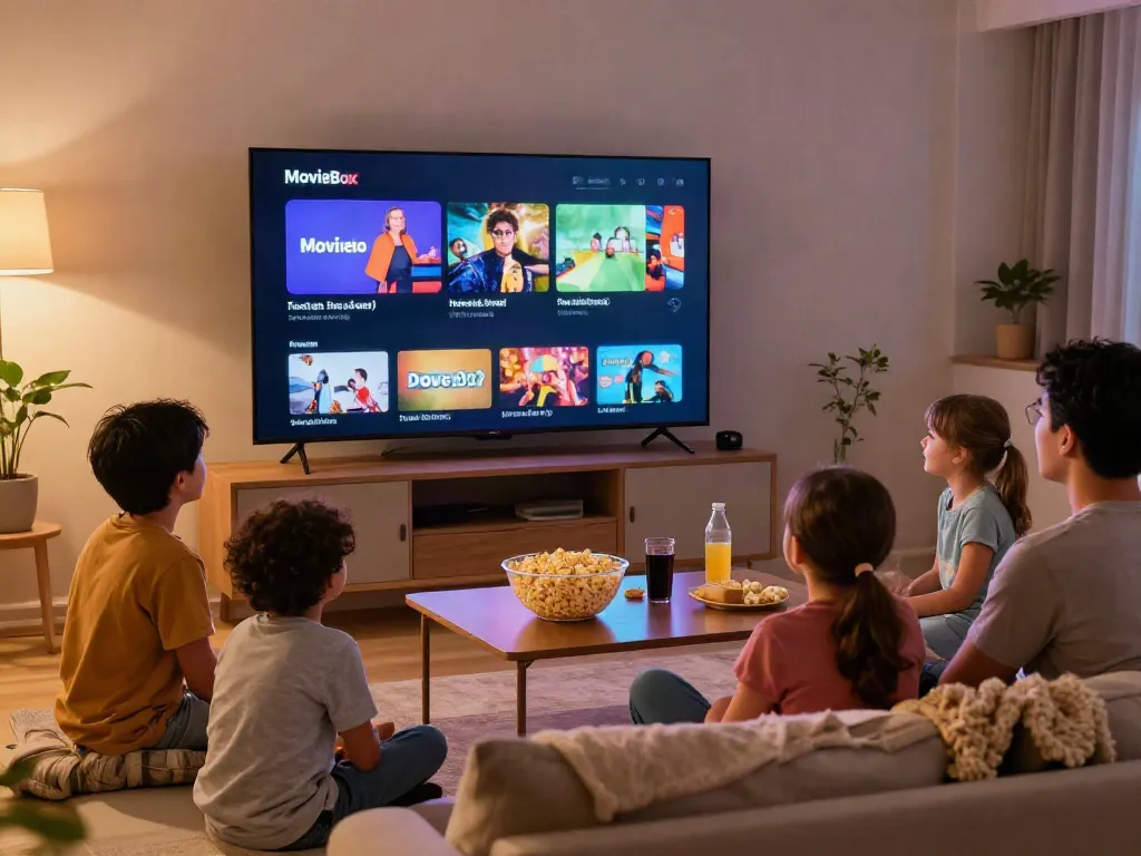 Family enjoying movies box streaming in a cozy living room.