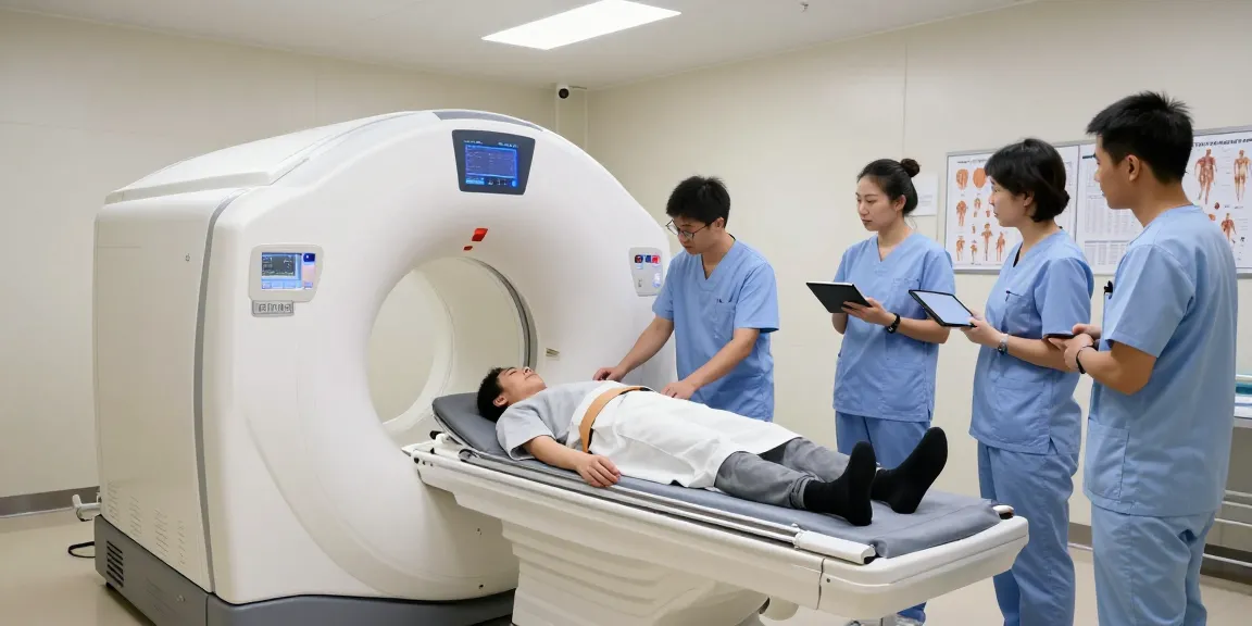 Modern healthcare professional using medical imaging equipment in a bright MRI suite