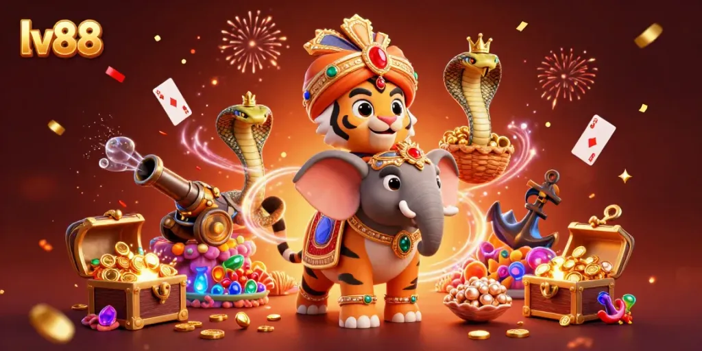 Experience exhilarating games at lv88 with a vibrant casino scene featuring a maharaja tiger and treasures.