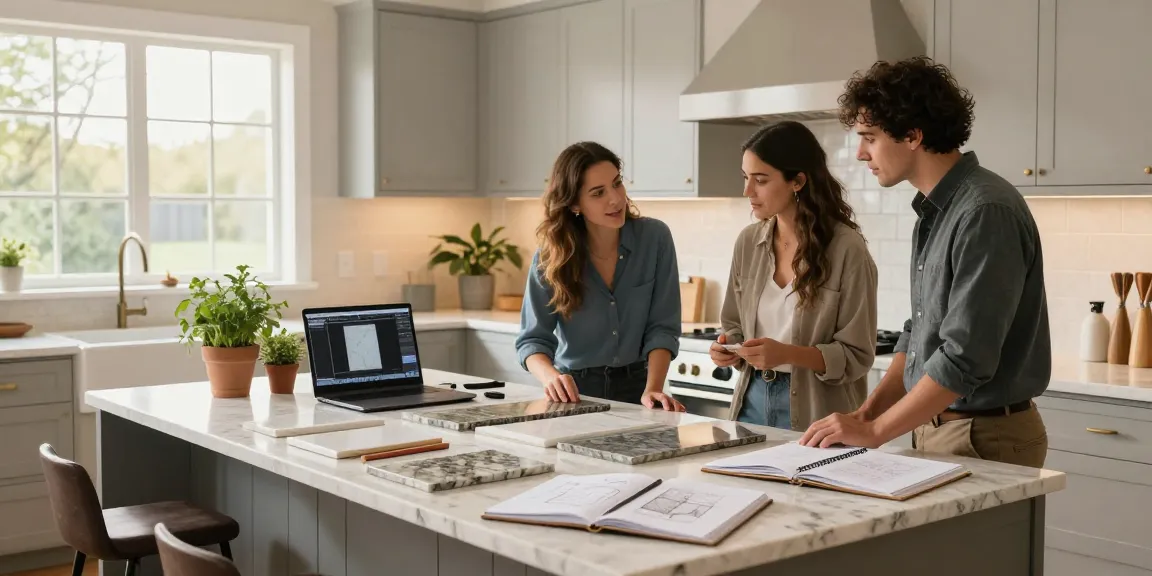 Custom kitchen countertops Hamilton showcased in bright designer meeting, enhancing home transformation.