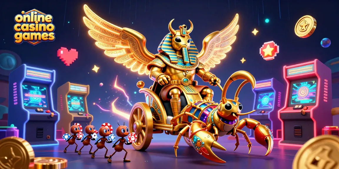 Engage in exciting online casino games, featuring a scarab beetle with poker chips and a vibrant gaming scene.