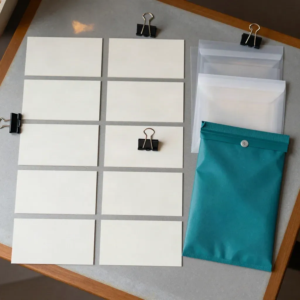 Overhead flat lay of ID cards, sleeves, binder clips and a sealed teal postal pouch.