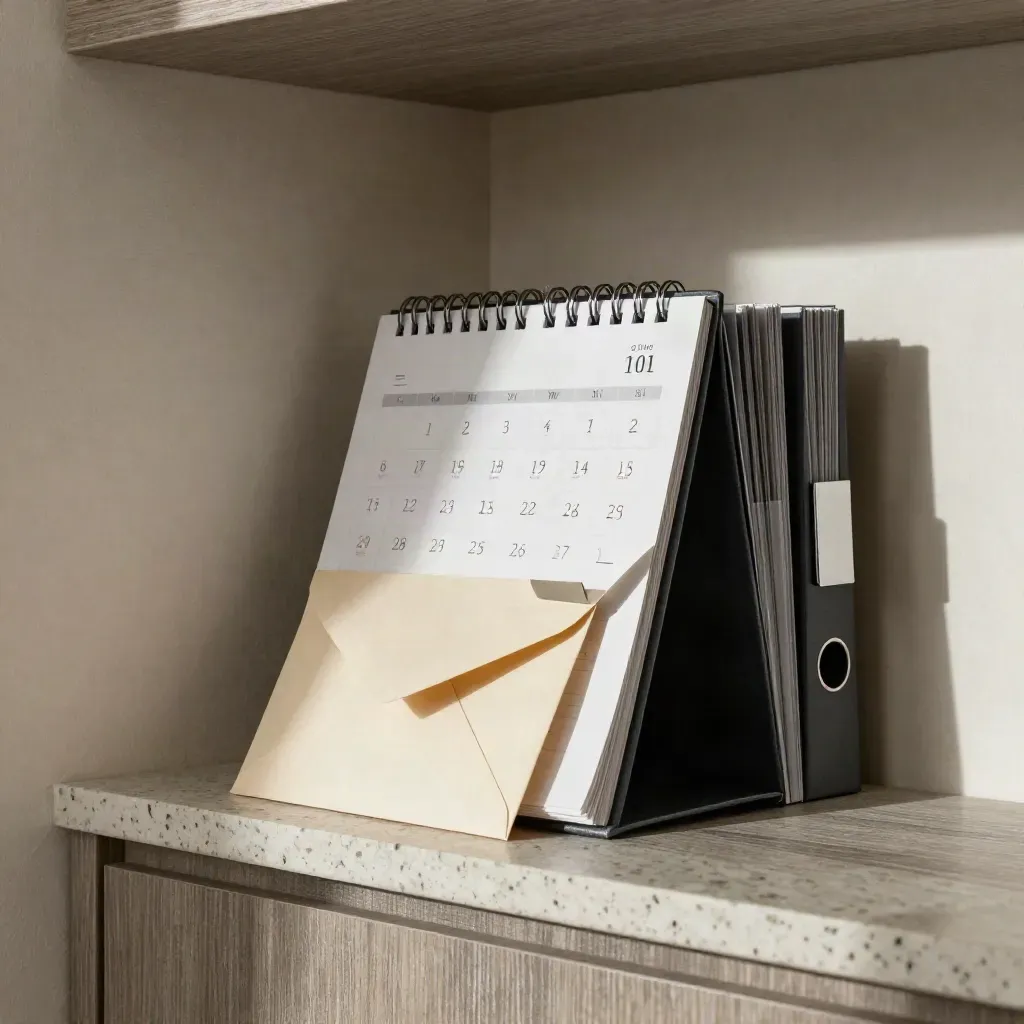 Face-away calendar, renewal envelope and reminder tab on travertine in a moody archive nook