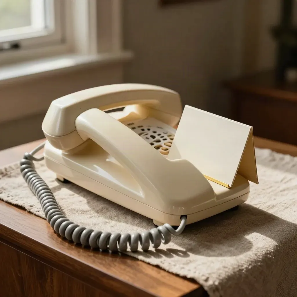 Closed landline handset beside a blank card stand in warm window light