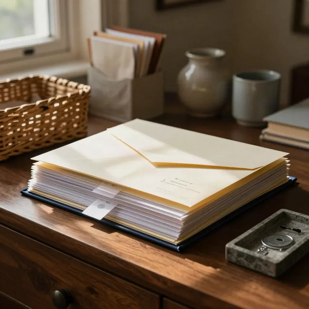 Open pension file, ID sleeves, envelope and tray in a warm home-office corner.