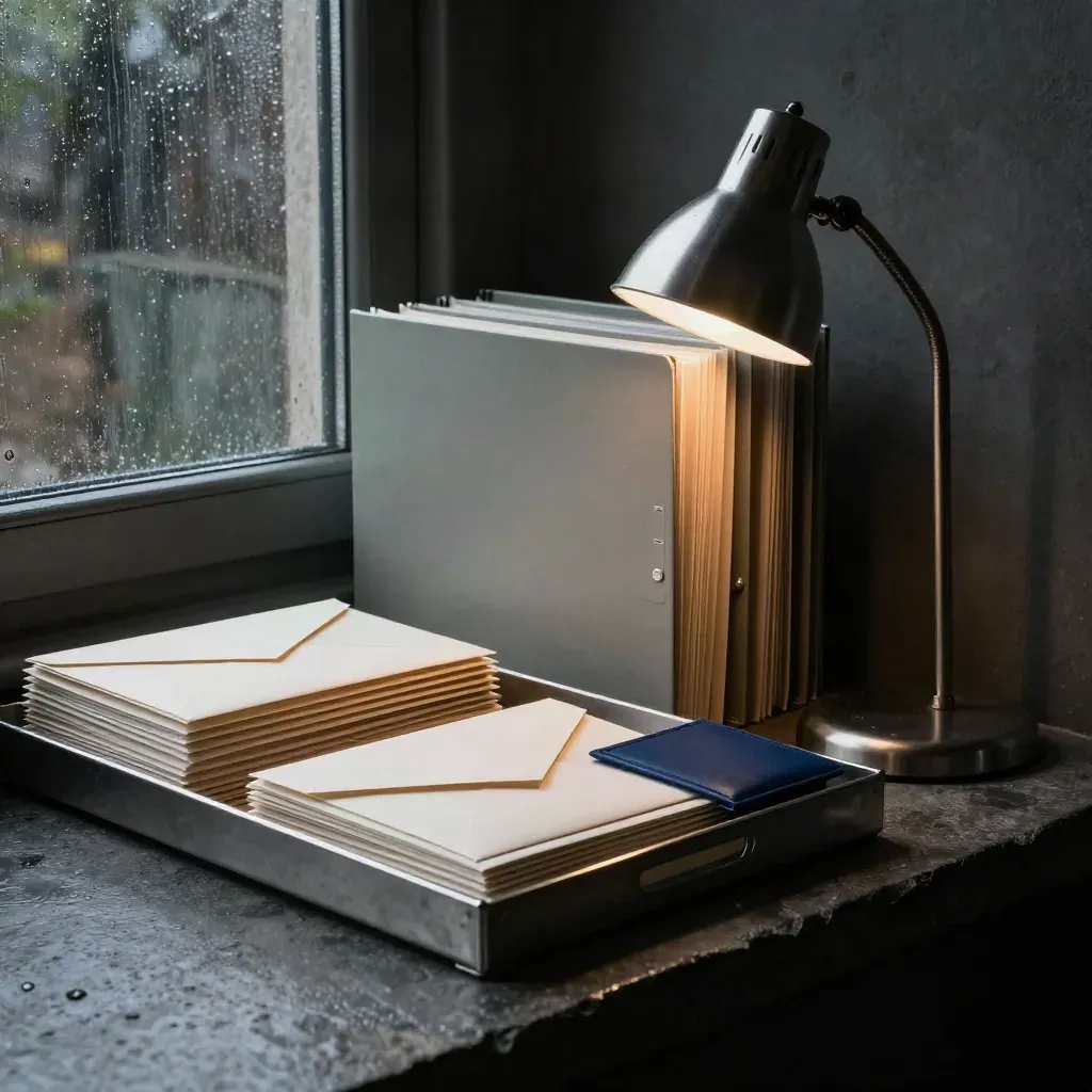 Moody pension support files, envelopes, lamp and card sleeve in a Canadian records alcove.