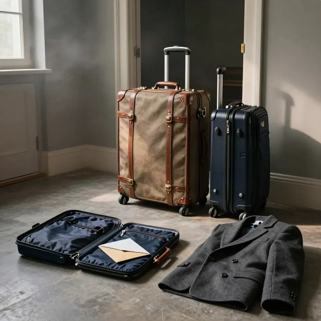 Travel wallet, renewal envelope, coat, and carry-on by a misty doorway in low cinematic light.
