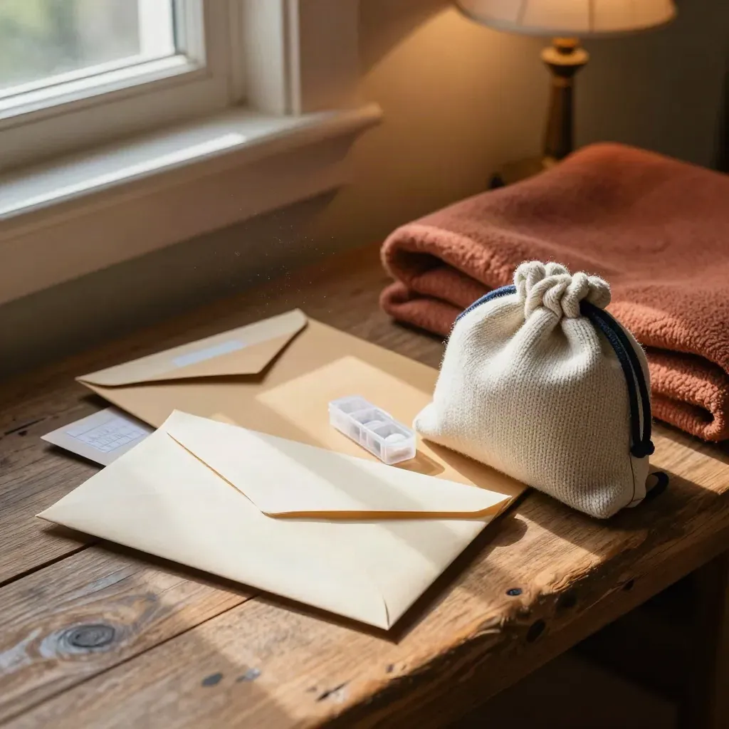 Packed caregiver support kit with envelopes, folder, pill organizer, and knit pouch on a wooden bench.