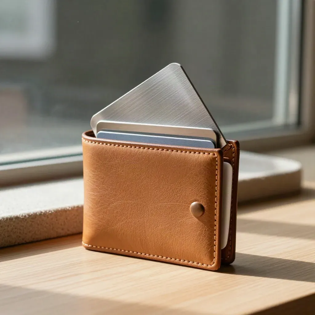 Leather wallet with proof card sleeve, membership holder and metal clip on a pale oak counter.