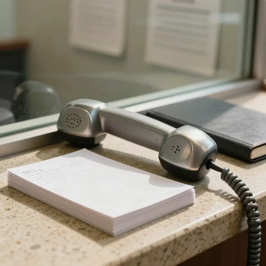 Silver landline handset on reply cards and notebook on a travertine counter