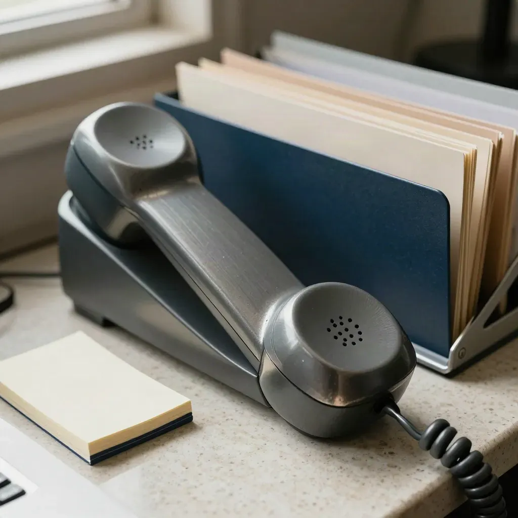 Brushed metal phone handset beside file dividers and note flags on travertine.