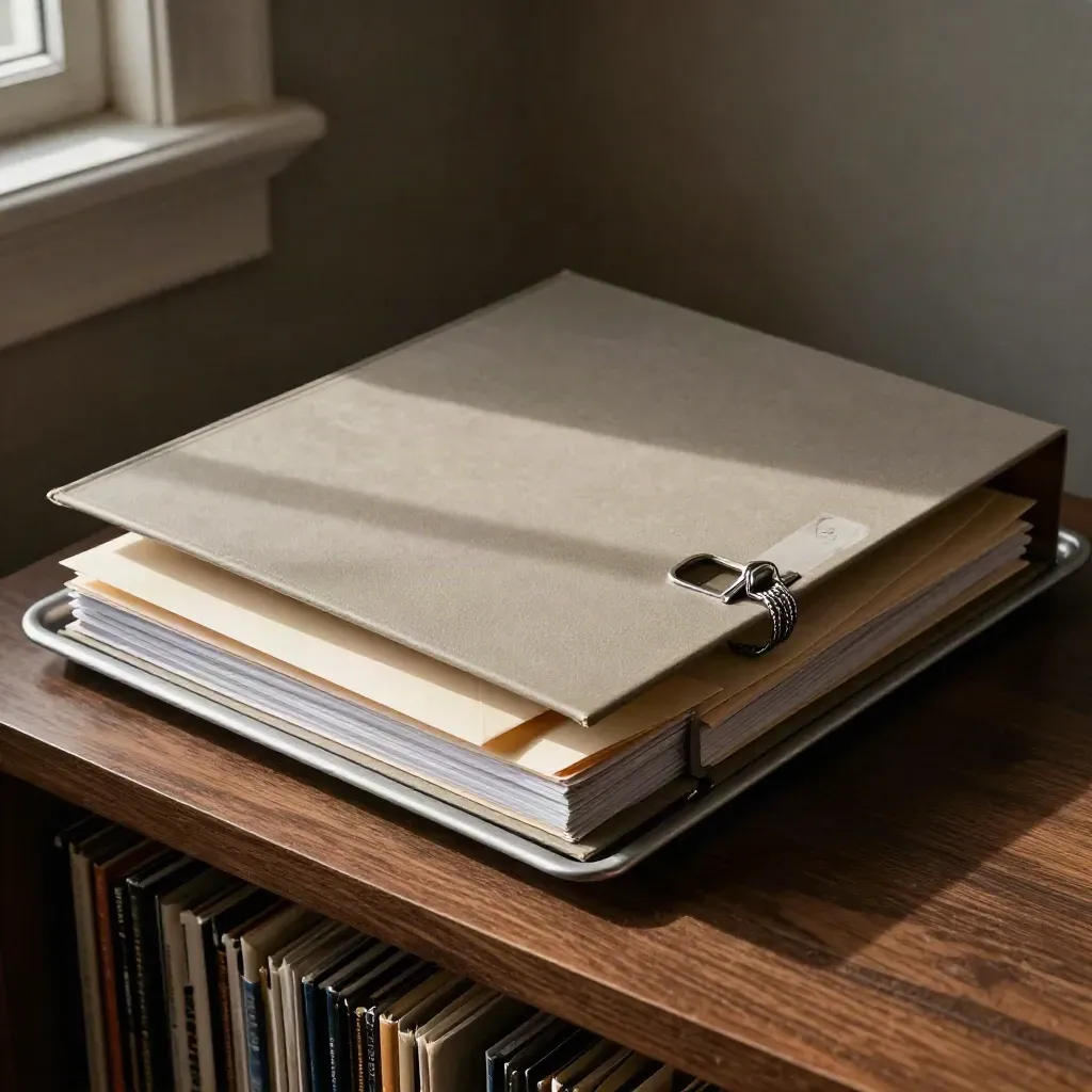 Accordion file, return envelope and archive tray in a quiet records room, just settled.