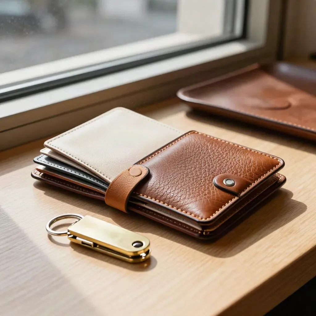 Wallet bundle with card sleeve, transit holder and brass key fob on a sunlit counter.