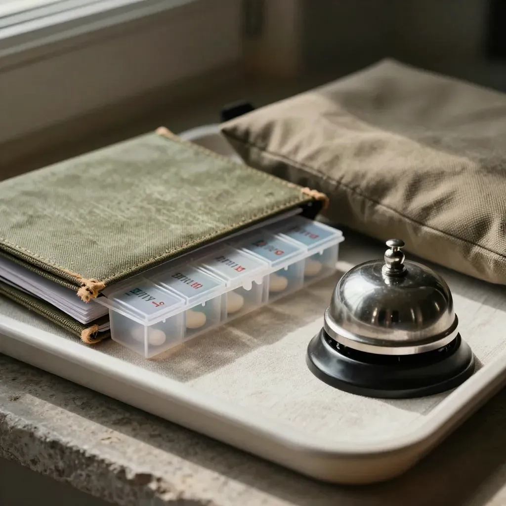 Close-up of a pill organizer, family file pouch, folder sleeve and tiny bell on a linen tray.