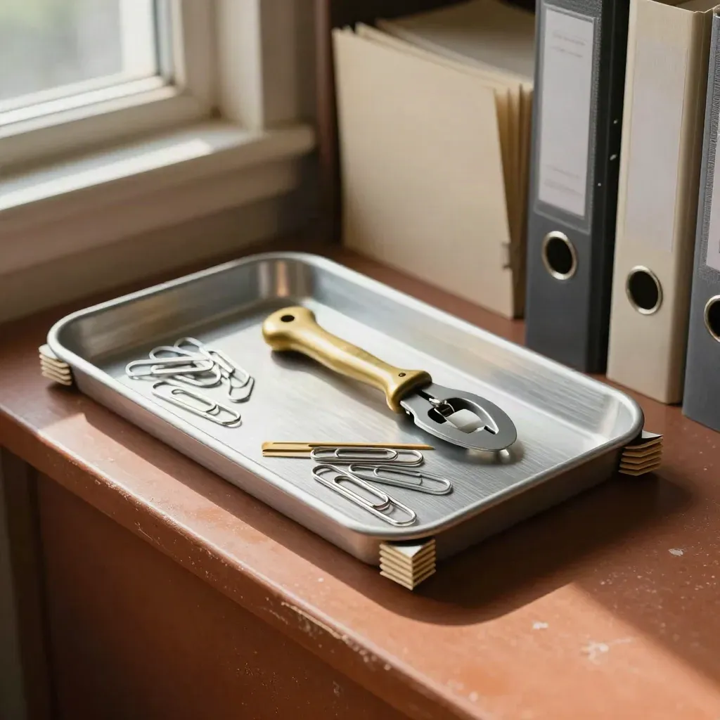 Overhead still life of paper clips, file tabs and an envelope opener on a filing tray.
