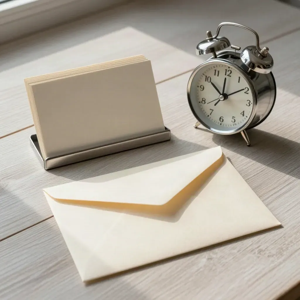 Blank reminder cards, turned alarm clock and reply envelope on pale wood, overhead flatlay.