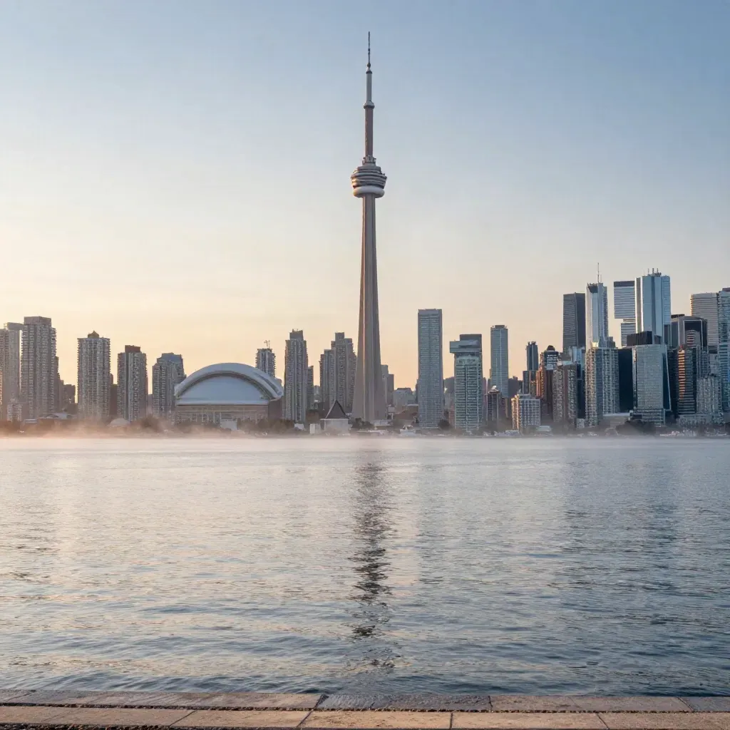 Toronto skyline with CN Tower over misty lake at sunrise, calm water foreground