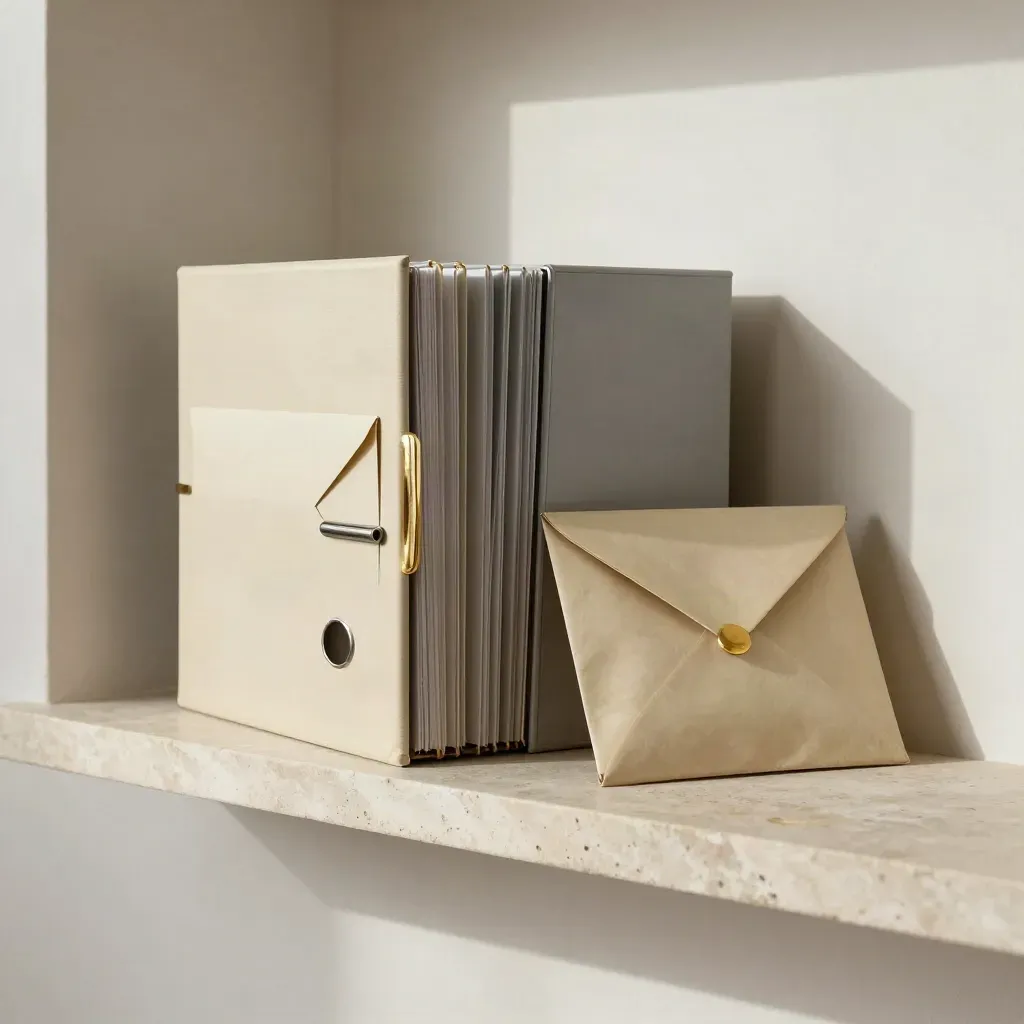 Accordion file, envelope, clip and pouch on a stone shelf in soft side light.