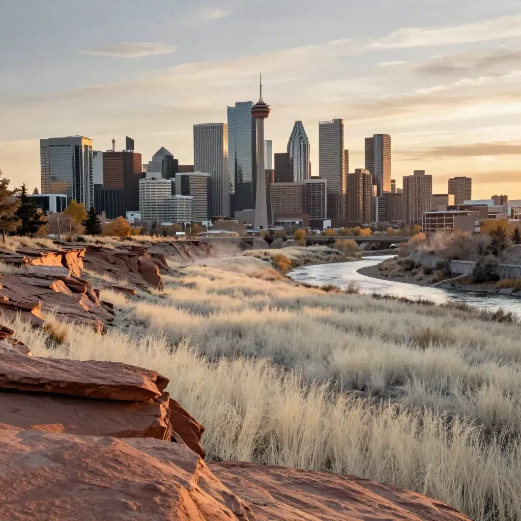 Calgary skyline above a hazy river valley and warm sandstone bluff at golden hour