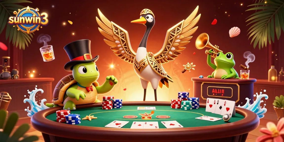 Experience the exciting world of sunwin3 with colorful poker elements and animated characters in a vibrant casino scene.